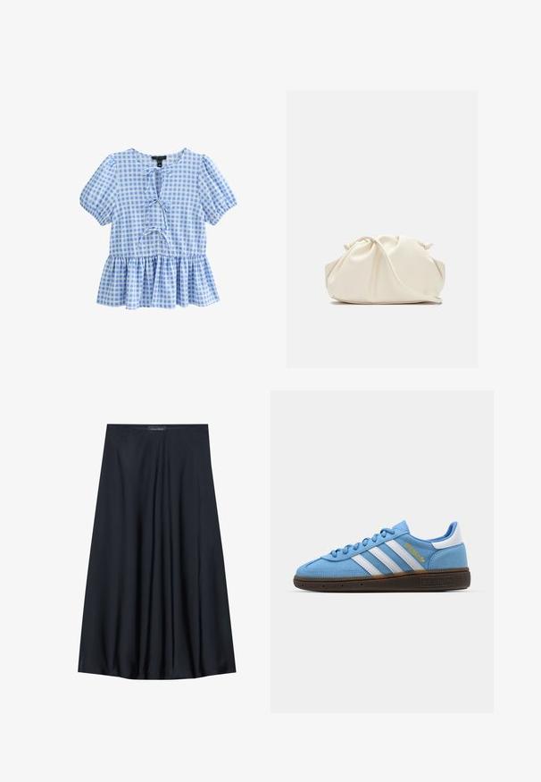 Blue and white checked blouse with short puff sleeves, a round neckline, and a peplum hem featuring a lace-up front detail.; Black, knee-length skirt made of lightweight fabric with a flowy design. Features a smooth texture and subtle pleats for added detail.; Light blue suede sneakers with white leather stripes, a brown textured sole, and gold logo detail. Low-top design with rounded toe.; Cream-colored, soft faux leather bag with gathered design, adjustable strap, and subtle drawstring closure. Smooth texture and rounded shape.