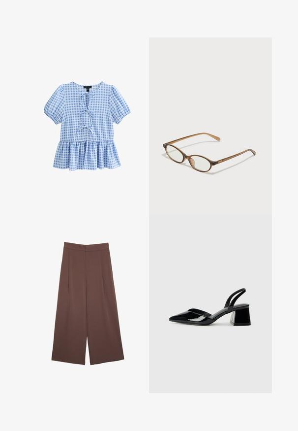 Blouse in blauw en wit geruit met korte pofmouwen, een ronde halslijn en een peplumzoom met een vetersluiting aan de voorkant.; Bruine wijde broek met een gladde textuur, voorzien van een hoge taille en plooien aan de voorkant. De stof is lichtgewicht en valt losjes.; Zwarte gepatineerde leren slingback hakken met een spitse neus en een geometrische blokhak. Kenmerkt zich door een slank, minimalistisch ontwerp en een gladde textuur.; Bruine schildpadbril met ovale lenzen, dunne armen en transparante accenten. Heeft een subtiele logo op de tempel. Strak, lichtgewicht ontwerp.