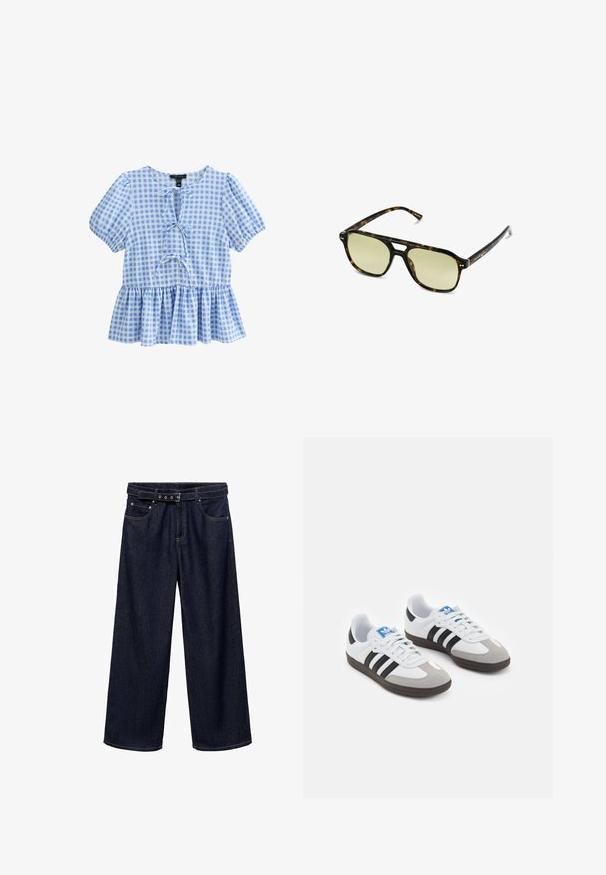 Blusa a cuadros en azul y blanco con manga corta abullonada, escote redondo y dobladillo estilo peplum con un detalle de cordones en la parte delantera.; Vaqueros de pierna ancha de color azul oscuro, hechos de denim. Cuentan con una cinturilla con cinturón que incluye múltiples botones, bolsillos frontales y un acabado limpio en los dobladillos.; Zapatillas deportivas con parte superior de piel blanca, puntera de ante gris y tres rayas negras. Presentan un logo azul en la lengüeta y una suela de goma texturizada.; Gafas de sol carey con forma rectangular, lentes con tinte verde y montura de acetato con patrones. Presentan acentos metálicos cerca de las lentes.; Bolso de cuero trenzado negro con un diseño relajado, que presenta una correa anudada y un pequeño tachuela dorada decorativa en la parte superior.