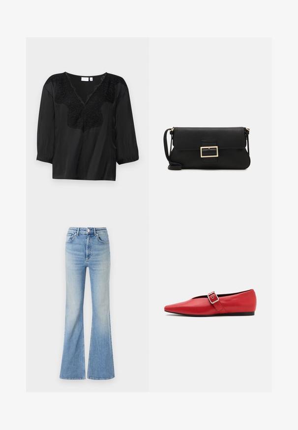 Fekete blúz V-kivágással, precíz fekete csipke díszítéssel a nyakrészen és háromnegyedes ujjakkal, elasztikus mandzsettával.; Világoskék, bő szabású farmernadrág, magas derekú, öt zsebes dizájnnal, amelynek alja fokozatos elhalványulással rendelkezik.; Piros bőr lapostalpú cipő, hegyes orral, oldalsó pánttal és fémből készült csattal, alacsony fekete sarokkal. Sima textúra az egész cipőn.; Fekete bőr kézitáska hajtóka részlettel és aranyszínű fém csattal. Tartalmaz egy fekete pántot és egy letisztult, minimális dizájnt.