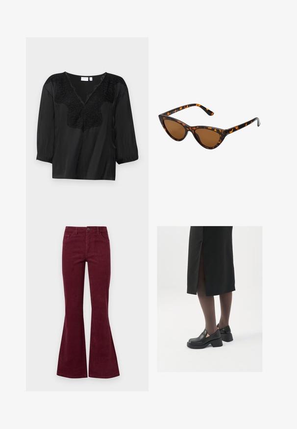 Černá blůza s výstřihem do V, která má složité černé krajkové zdobení kolem výstřihu a tříčtvrteční rukávy s elastickými manžetami.; Burgundské manšestrové zvonové džíny s pěti kapsami, předním zapínáním na knoflík a texturovanou tkaninou. Zvonové nohavice se rozšiřují od kolena až k lemování.; Černé kožené boty s kulatou špičkou, silným blokovým podpatkem a elastickými bočními akcenty, spárované s tmavými punčochami a černou sukní se rozparkem.; Sluneční brýle ve stylu kočičích očí s černo-oranžovým želvovinovým rámem, hnědými skly a elegantními, špičatými konci. Obsahují minimalistické logo na straně.