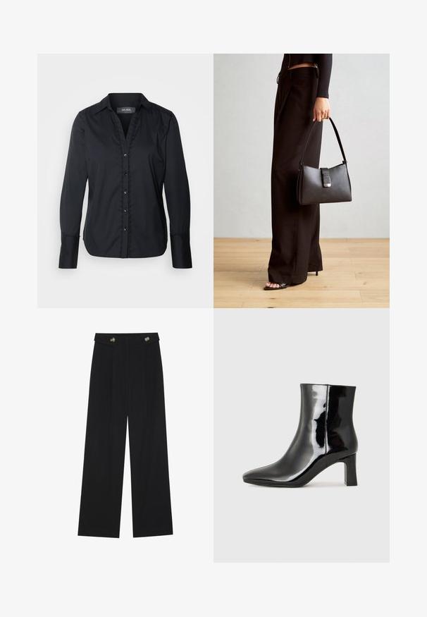 Mos Mosh WAVE SHIRT - Skjortebluse - black; Svart vide bukser med høy midje, knappdetaljer på midjebåndet og frontplisser.; Sorte patentlær ankle boot med spiss tå og en mellomhøy blokkhelt. Glatt tekstur og minimalistisk design.; Svart håndveske med strukturert form, jevn tekstur og metallisk lås. Kombinert med brede svarte bukser og sandaler med åpen tå på tregulv.