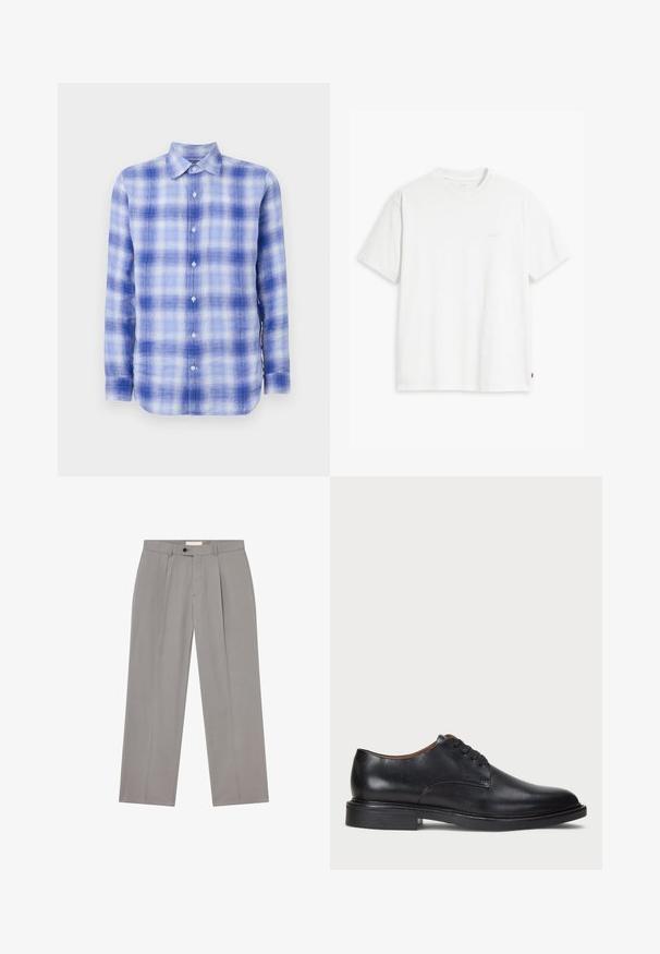 Mėlynos ir baltos spalvų languota ilgomis rankovėmis marškiniai su apykakle, užsegama mygtukais, pasižyminti minkšta tekstūra ir įprastu siluetu. Mygtukai matomi priekyje.; Balta medvilninė marškinė su trumpomis rankovėmis, apvaliu kaklu ir subtiliu Levi's logotipu viduryje. Minkšta tekstūra ir standartinė išvaizda.; Pilkos kelnes su tiesiu kirpimu, pagamintos iš lygios medžiagos. Yra priekinė raukšlė, vieno mygtuko užsegimas ir diržo kilpos.; Juodas odinis suknių batelis su apvalia nosimi, raišteliais ir žemu, sukrautu kulnu. Lygus paviršius su minimaliais siuvinėjimo detalėmis.