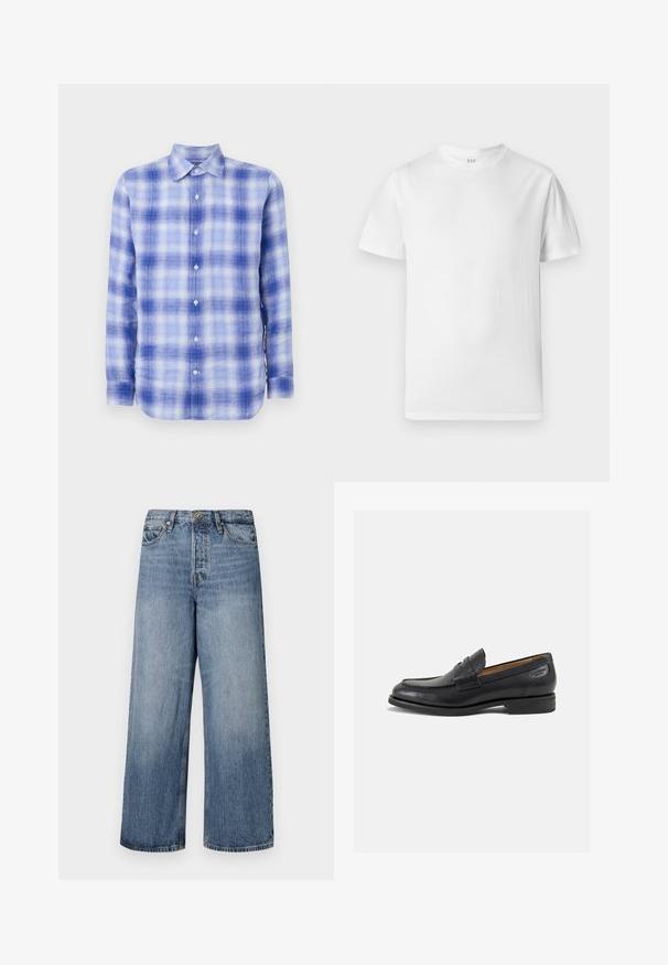 Cămașă cu mâneci lungi, cu carouri albastre și albe, cu guler cu nasturi, având o textură moale și o croială regulară. Nasturii sunt vizibili pe partea din față.; Tricou alb cu mânecă scurtă, confecționat din bumbac moale. Are un guler rotund și un tiv drept, cu detalii minime.; Jeans din denim blue, cu croială largă, cu un finisaj decolorat, design cu cinci buzunare și închidere cu buton. Echipate cu bucle pentru curea și detalii cusute.; Mocasini din piele neagră cu o finisare netedă, vârf rotund și cusături decorative pe partea superioară. Toc mic și stivuit, cu o ușoară strălucire.