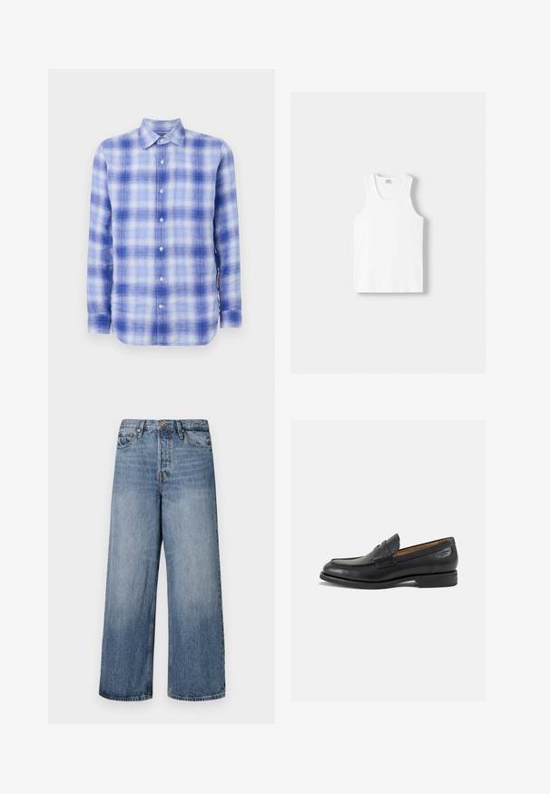 Camicia a maniche lunghe a quadri blu e bianchi con colletto button-down, caratterizzata da una texture morbida e una vestibilità regolare. Bottoni visibili sul davanti.; Canotta bianca in cotone con scollatura rotonda, spalline larghe e orlo dritto, caratterizzata da una superficie liscia e senza motivi visibili.; Jeans in denim blu a gamba larga con lavaggio sbiadito, design a cinque tasche e chiusura con bottone. Dotati di passanti per cintura e dettagli cuciti.; Mocassini in pelle nera con finitura liscia, punta arrotondata e cuciture decorative sulla tomaia. Tacco basso impilato e leggero lucido.