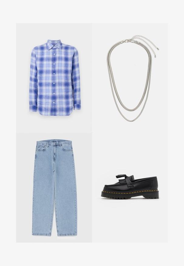 Plava i bijela karirana košulja dugih rukava s ovratnikom na gumbe, koja ima mekanu teksturu i regularan kroj. Gumbi su vidljivi duž prednje strane.; Svijetloplave traperice s ravnim nogavicama, sa srednjim strukom, pet džepova i zatvaranjem na dugme i patentni zatvarač.; Crna kožna loaferica s resicama, koja ima čvrst crni potplat i žute šavove duž ruba. Teksturirana završna obrada.; Necklace od tri sloja srebrnog metala s elegantnim, fleksibilnim lančićima blagog sjaja, zatvoren s karabinera i prilagodljivim lančićem.