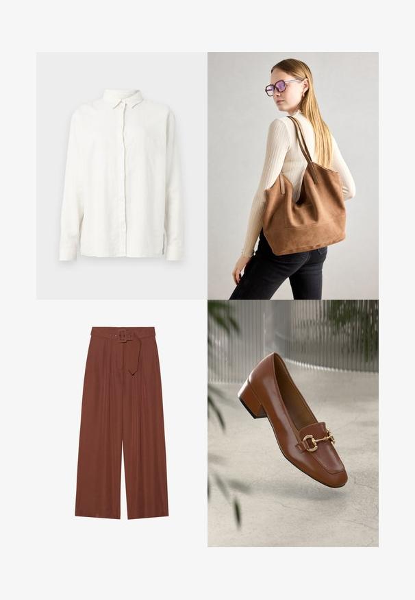 Bijela lanena košulja dugih rukava s klasičnim okovratnikom, prednjim kopčanjem na dugmad i ležernim krojem. Mekana tekstura s bočnim prorezima.; Hlače širokih nogavica od smeđeg materijala, s remenom sa kvadratnom kopčom, nabranim dizajnom i glatkom teksturom.; Smeđi lakirani loafer s kvadratnim vrhom, metalnim lancem kao naglaskom i niskom blok petom; glatka tekstura, minimalistički dizajn.; Smeđa suede torba sa mekom teksturom, širokim otvorom i dugim trakama. Ima jednostavan dizajn s vidljivim šavovima i bez hardvera.
