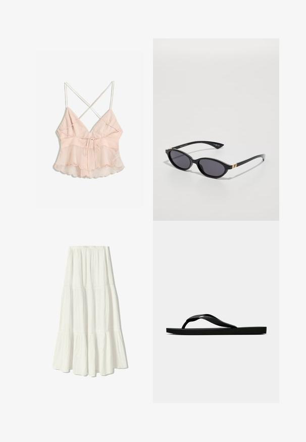 Vaaleanpunainen toppi, jossa on säädettävät ohuet olkaimet, istuva yläosa ja liehukehä, jossa on aaltoileva reuna ja nauhakiinnitys.; Valkoinen maxi-hame kerroksellisella suunnittelulla, kevyt materiaali. Ominaisuuksia ovat joustava vyötärö ja herkät ompeluyksityiskohdat.; Musta kumisaapas sandaali, jossa on teksturoitu thong-hihna ja yksinkertainen litteä pohja, esitetty sivustolta vaalealla taustalla.; Mustat aurinkolasit, joissa on ovaalit linssit, tummat sävygradientit ja kapeat varret, joissa on hienovaraiset kultaiset yksityiskohdat. Sileä muovipinta.
