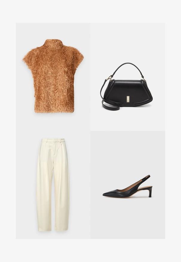 Top in un morbidissimo tessuto felpato, a maniche corte, con collo alto, di colore marrone chiaro e superficie texturizzata e shaggy, con una scollatura ben aderente.; Pantaloni a pieghe a vita alta in tessuto crema chiaro. Presentano un taglio dritto e una texture liscia. Nessuna tasca o hardware visibile.; Pump slingback in pelle nera con punta appuntita, tacco basso e texture liscia. Presenta una sottile cinghia regolabile per una vestibilità sicura.; Borsa a mano in pelle nera con un design strutturato, caratterizzata da una forma corta, manico superiore e accessori in metallo dorato. Inclusa tracolla regolabile.