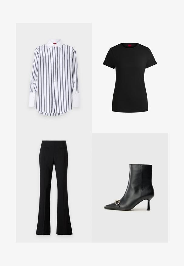 White button-up shirt with navy vertical stripes, long sleeves with white cuffs, classic collar, and a curved hem. Smooth fabric texture.; Black cotton t-shirt with short rolled sleeves, a round neckline, and a red label. Smooth texture, fitted shape with minimal detailing.; Black flared pants made from a smooth fabric with a high waist, featuring two back pockets and a crease down the front of each leg.; Black leather ankle boot with pointed toe, slim mid-height heel, and silver buckle detail on side against plain background.