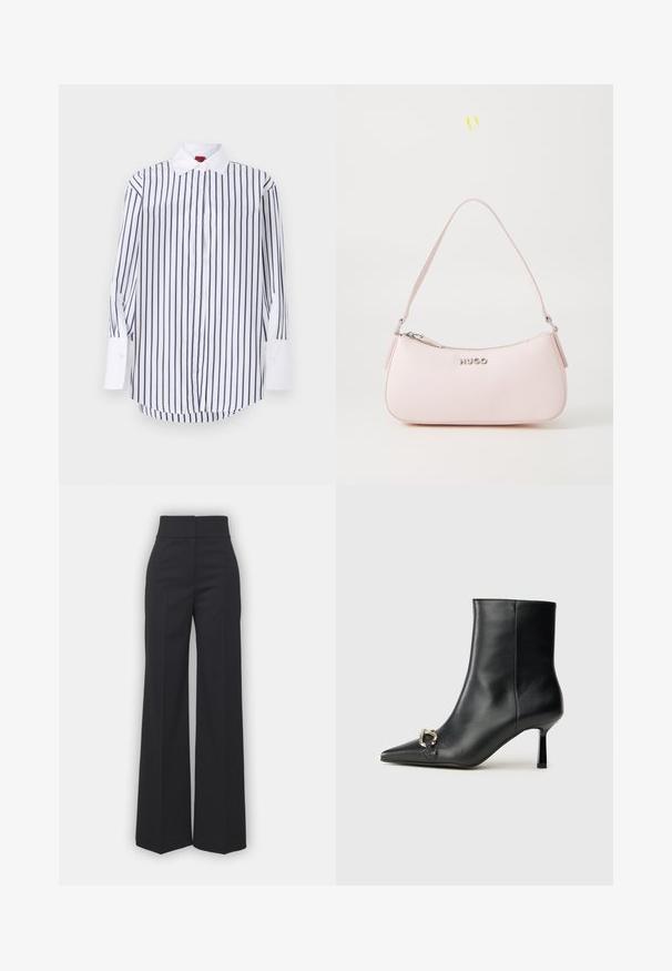 Hvid skjorte med knapper og marineblå lodrette striber, lange ærmer med hvide manchetter, klassisk krave og en buet søm. Glat stoftekstur.; Bredbenede bukser i sort stof med høj talje, der har en ren finish og glat tekstur. Ingen synlige detaljer eller mønstre.; Sort læder ankelstøvle med spidse tæer, slank hæl i mellemhøjde og sølvspænde detaljer på siden mod en ensfarvet baggrund.; Rosa læderhåndtaske med et buet design, lynlåslukning og skulderrem. Har et sølvlogo foran.