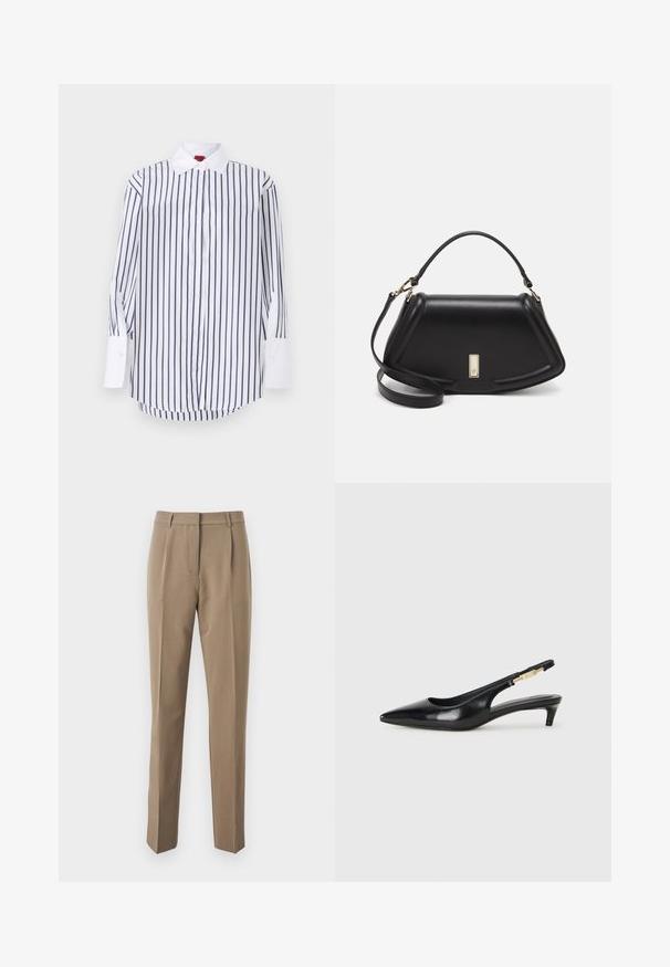Camisa blanca de botones con rayas verticales en navy, de mangas largas con puños blancos, cuello clásico y dobladillo curvado. Textura de tela suave.; Pantalones marrones ajustados hechos de una tela suave, que presentan un diseño de pierna recta, pliegues frontales y una cinturilla con presillas para cinturón.; Tacones negros de piel sintética tipo slingback con punta afilada, que cuentan con un tacón delgado y un detalle en tono dorado en la correa ajustable. Textura suave.; Bolso de mano de cuero negro con un diseño estructurado, que presenta una forma recortada, asa superior y acentos en dorado. Correa de hombro ajustable incluida.