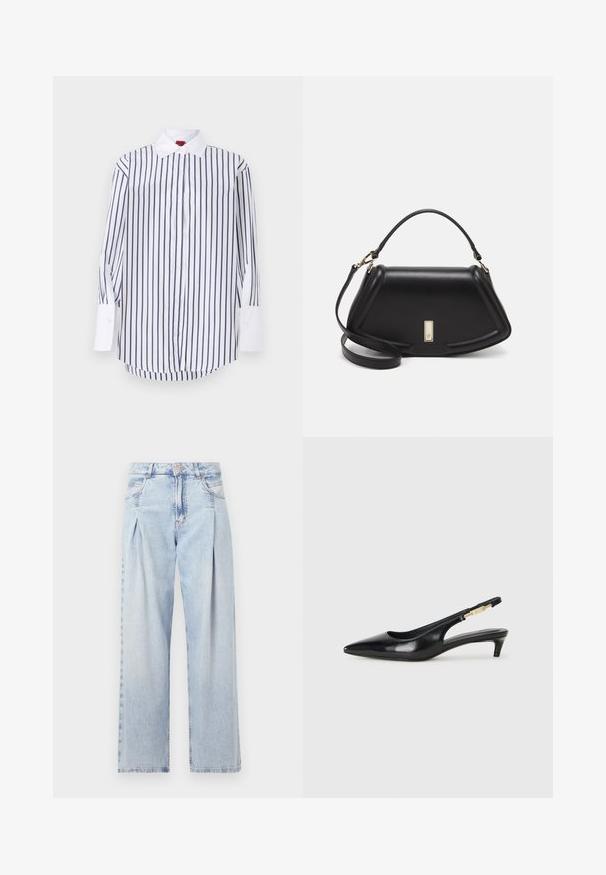 Bela srajca z gumbi in mornarsko modrimi navpičnimi črtami, dolgi rokavi z belimi manšetami, klasičen ovratnik in ukrivljen rob. Gladka tekstura tkanine.; Svjetloplave traperice visoko struka, širokog kroja, s dva bočna djepa i naboranim dizajnom. Mekana tekstura s izblijedjelim završetkom.; Črne usnjene sandale na peto z ostro konico, ki imajo tanko peto in zlat ton na nastavljivem traku. Gladka tekstura.; Črna usnjena torbica s strukturnim dizajnom, ki ima skrajšano obliko, zgornji ročaj in zlate dodatke. Vključena je nastavljiva ramenska naramnica.