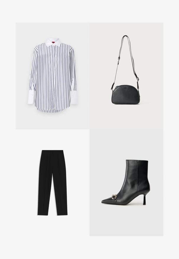 Camicia bianca con righe verticali blu navy, maniche lunghe con polsini bianchi, colletto classico e orlo curvo. Texture del tessuto liscia.; Pantaloni neri a taglio dritto, con doppie pieghe, una texture liscia e un design classico in vita. Nessun hardware o dettaglio visibile.; Stivale alla caviglia in pelle nera con punta affusolata, tacco sottile di media altezza e dettaglio in fibbia argentata sul lato, su sfondo semplice.; Borsa a tracolla in pelle nera di forma arrotondata, con due cinturini regolabili e un logo sottile sulla parte anteriore. Esterno testurizzato, design minimalista.