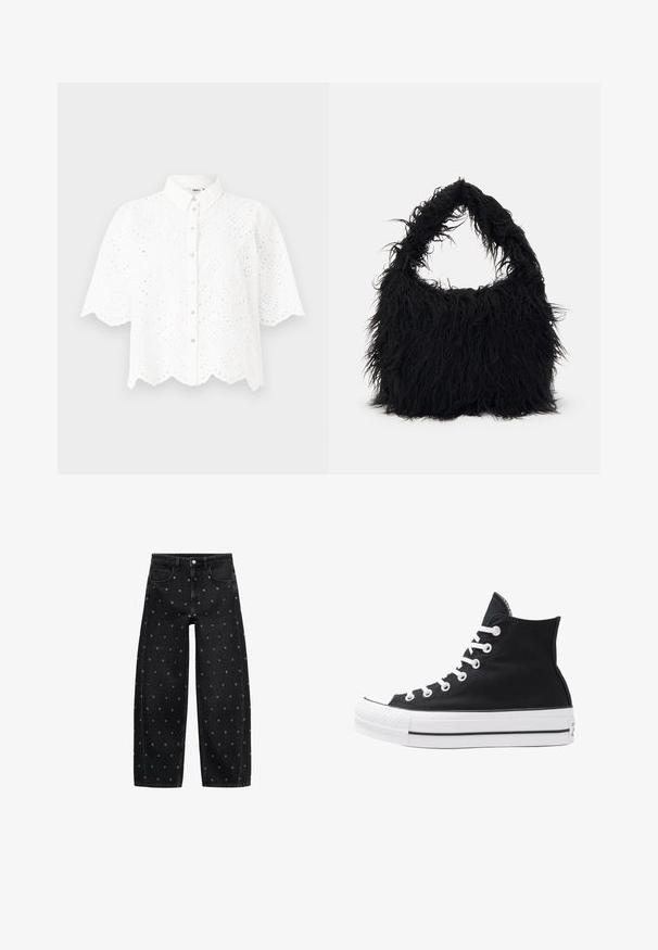 Witte overhemd met korte mouwen en een kraag, met ingewikkelde uitsnijdingen en een golvende zoom. Knopenfrontsluiting.; Zwarte denim wide-leg jeans met een patroon van kleine zilveren oogjes, met een klassieke vijf-pocket design en een knoopsluiting aan de voorkant.; Hoge zwarte canvas sneaker met witte oogjes, veters en rubberen zool. Beschikt over een gestructureerde neuskap en zwart-witte streepaccenten.; Even&Odd Shopper - black
