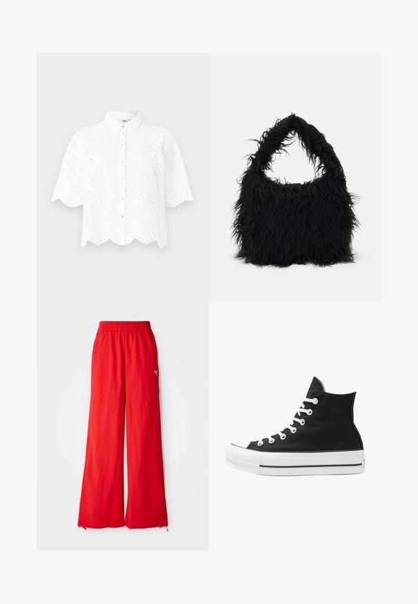 Camisa blanca de manga corta con cuello, que presenta intrincados diseños de cortes y un dobladillo en forma de ola. Cierre con botones en la parte delantera.; Pantalones anchos rojos hechos de material ligero, con cintura elástica, bolsillos laterales y un sutil detalle del logo en el costado.; Zapatilla alta de lona negra con ojales, cordones y suela de goma blanca. Presenta una puntera texturizada y acentos en negro y blanco.; Even&Odd Bolso shopping - black