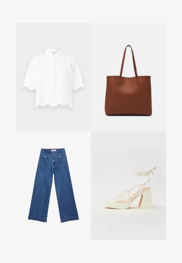 Vit kortärmad skjorta med krage, prydd med intrikata utskärningar och scallop-detaljer i fållen. Knäppning framtill.; Jeans med vida ben i denim med en mellanblå tvätt, två framfickor med knäppningar och sydda detaljer längs fållarna.; Vit högklackad sandal med en kraftig klack, med ett remdesign och ankelband. Slät textur med en plattform framtill för ökad höjd.; Brun läder tote-väska med en slät textur, öppen toppdesign och två axelremmar. Har minimal söm och ingen synlig metalldetalj.
