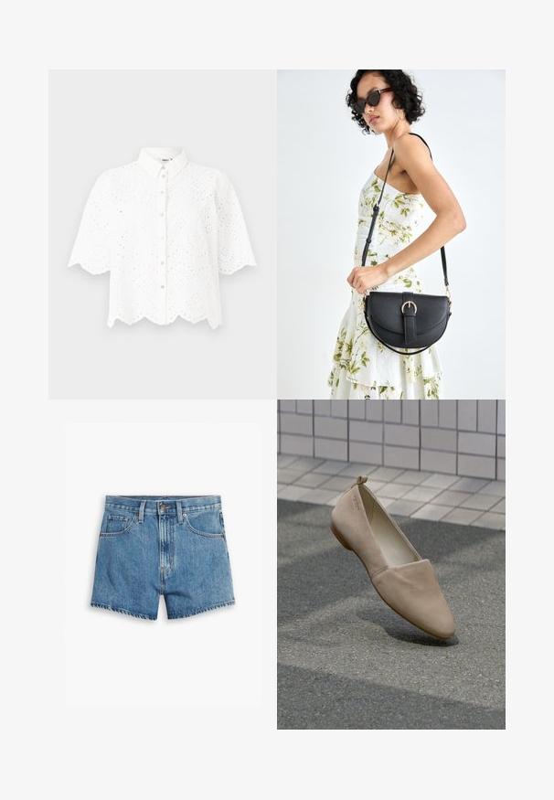 Chemise blanche à manches courtes avec un col, présentant des découpes ornées et un ourlet festonné. Fermeture à boutons à l'avant.; Shorts en denim bleu clair, comportant cinq poches, un zip et un bouton de fermeture. L'ourlet est effiloché, avec une coupe décontractée.; Chaussure plate beige en matière douce, avec un bout pointu et un design minimaliste. Comprend un petit talon et une boucle à l'arrière.; Sac à main en cuir noir avec une forme courbée, bandoulière amovible et des accessoires en or. Le sac est doté d'un rabat avec un détail de boucle.