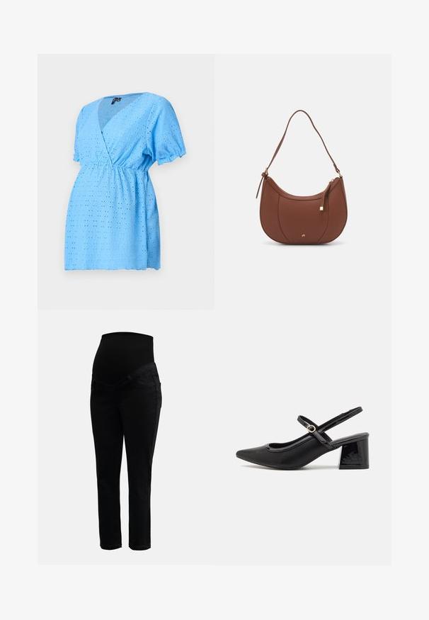 Světle modrá halenka s krátkým rukávem a výstřihem do V, vyrobená z očkované tkaniny s malými výřezy a elastickým pasem.; Černé těhotenské džíny s elastickým vysokým pasem a slim-fit nohavicemi, navržené pro pohodlí a podporu během těhotenství.; Černé lakované lodičky s otevřenou patou, špičatou špičkou, zaobleným střihem a blokovým podpatkem. Zdobené akcentem v zlatém tónu.; Hnědá kabelka přes rameno z umělé kůže s zakřiveným tvarem, minimálním prošíváním a zlatým kovovým akcentem. Disponuje vrchním zipovým uzavíráním a nastavitelným popruhem.
