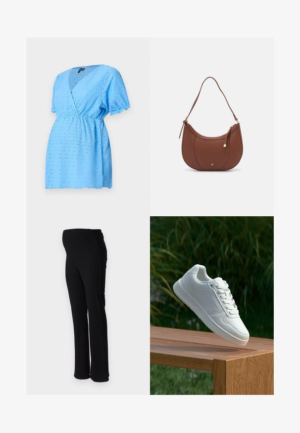 Svijetloplavi bluz s kratkim rukavima i V-izrezom, izrađen od tkanine s otvorima i malim izrezanim uzorcima, te elastičnim strukom.; ONLY MATERNITY OLMHALLE - Hlače - black; Bijela tenisica sa glatkim sintetičkim gornjim dijelom, perforiranim prednjim dijelom, ravnim vezicama i teksturiranom potplatom, prikazana na drvenoj površini.; Smeđa torba od umjetne kože s zakrivljenim oblikom, minimalnim šavovima i zlatnim metalnim detaljima. Ima zatvaranje na gornjoj strani sa patentnim zatvaračem i podesivu naramenicu.