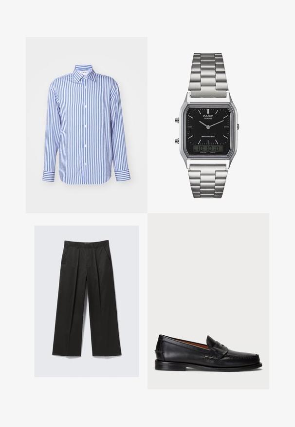 Blauw en wit gestreept shirt, met kraag, lange mouwen, knoopsluiting aan de voorkant, zachte stof, met knoopmanchetten en gelijkmatig verdeelde verticale strepen.; Zwarte broek met wijde pijpen en een gladde textuur, met twee voorkruiken en een iets hoge tailleband.; Zwarte leren instapper met een ronde neus, gestikte details en een decoratieve band aan de voorkant. Platte zool met een minimaal profiel.; Zilveren roestvrijstalen quartzhorloge met een zwart rechthoekig uurwerk, voorzien van analoge wijzers, digitale weergave en het label voor waterbestendigheid.