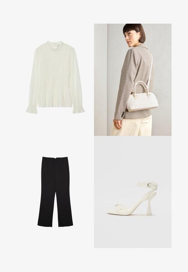 Vit blus med långa ärmar som har en volangdetalj vid halsen, smockad kropp och utsvängda ärmslut, gjord av textil med struktur och en peplumslut.; Svarta byxor med rak passform, utrustade med framfickor och sidoklyvningar vid fållen. Tillverkade av mjukt, slätt tyg. Lämpliga för olika tillfällen.; Remmar högklackad sandal i vitt läder med en elegant design, en genomskinlig blockklack och en dekorativ detalj vid tån.; Vitt strukturerat handväska med korta handtag och en axelrem, med gyllene detaljer och texturerat material, visad mot en grå bakgrund.