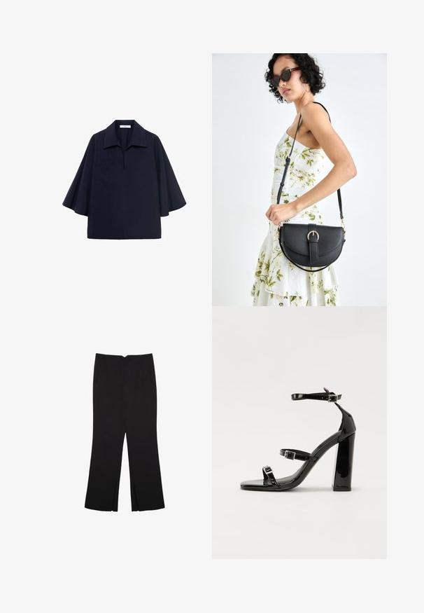 Mornarsko plava oversized bluza s oštrim kragnom, kratkim batwing rukavima i prednjim zatvaračem. Glatka tkanina s minimalističkim dizajnom.; Crne hlače ravnog kroja, s prednjim džepovima i bočnim prorezima na rubu. Izrađene od mekog i glatkog materijala. Pogodne za razne prigode.; Crne lakirane sandale na pete sa kvadratnim nosom, trakama oko gležnja i srebrnim kopčama. Imaju čvrst blok petu za stabilnost.; Crna kožna torba s lukovitim oblikom, odvojivim remenom i zlatnim detaljima. Torba ima preklop s kopčom.