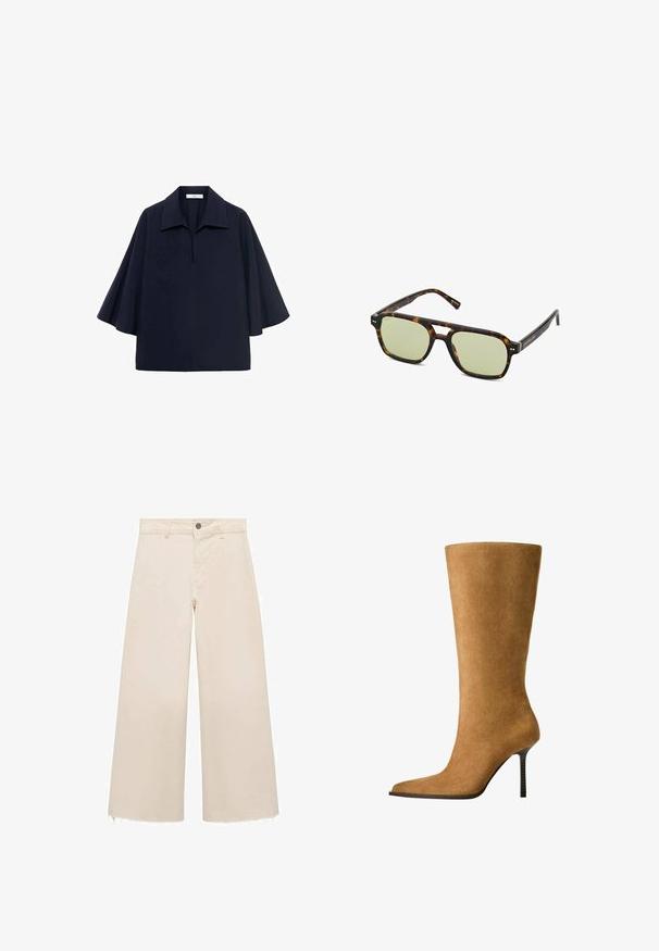 Dunkelblaue oversized Bluse mit spitzem Kragen, kurzen Fledermausärmeln und einem Reißverschluss-Detail auf der Vorderseite. Glatter Stoff mit minimalistischem Design.; Weit geschnittene Hose aus leichtem beigen Baumwollstoff mit Knopfverschluss, dezent fransigem Saum und lockerem Schnitt.; Knöchelhohe Wildlederstiefel in camel mit spitzem Zehenbereich und dünnem, hohen Absatz. Glatte Textur und elegante Silhouette mit minimaler Detailgestaltung.; Schildpatt-Sonnenbrille mit grünen Gläsern, rechteckigem Rahmen und auffälligem Brückendesign. Besitzt dezente Markenkennzeichnung am Bügel.; Schwarze Ledertasche mit glatter Textur, minimalistisches Design und einem einzigen, geschwungenen Schultergurt. Offenes Oberteil, keine sichtbaren Beschläge.