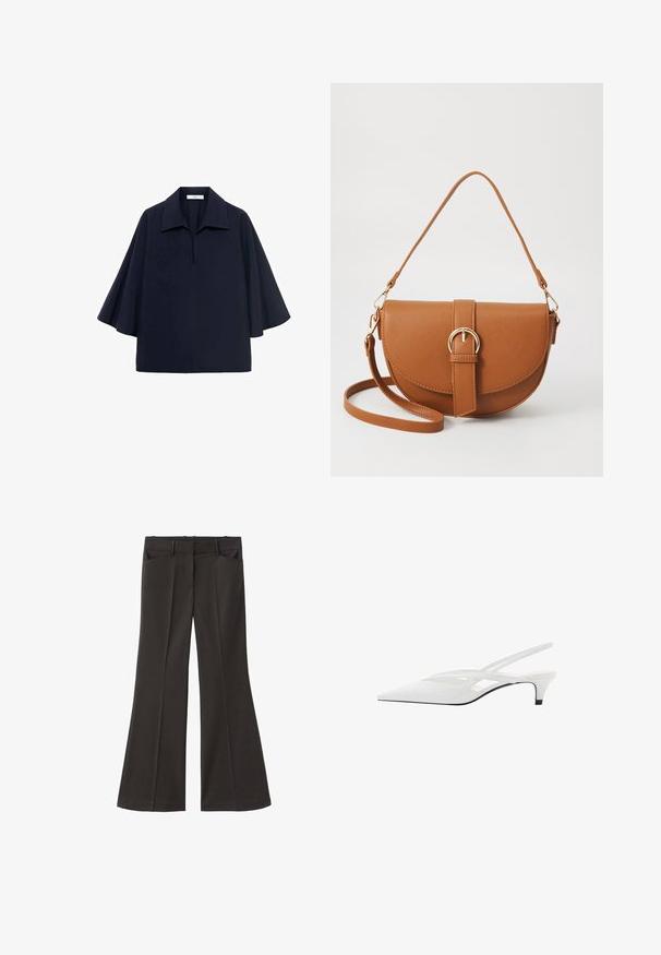 Blusa over-size blu navy con colletto a punta, maniche corte a farfalla e dettaglio con zip frontale. Tessuto liscio con un design minimalista.; Pantaloni neri a zampa d'elefante con vita alta; presentano due tasche frontali e una texture del tessuto liscia. Adatti per varie occasioni.; Décolleté bianco con punta affilata, caratterizzato da una tomaia liscia, sottili aperture e un tacco a blocco basso. La suola nera esalta il design.; Borsa a tracolla in pelle marrone con forma curvata, hardware dorato e un dettaglio con fibbia. Presenta una tracolla rimovibile.