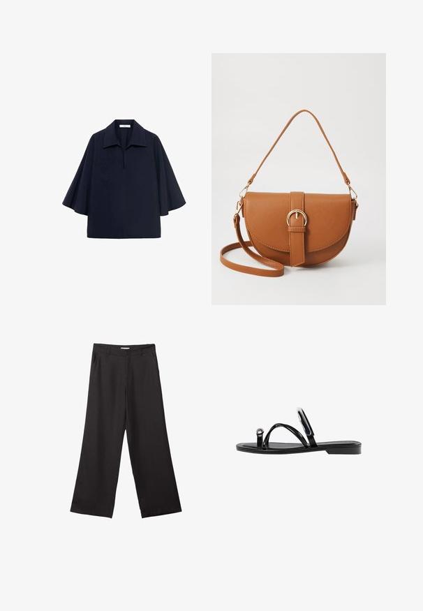 Námornícky modrá nadmerná blúzka s špicatým golierom, krátkymi rukávmi v štýle netopiera a predným zipsovým detailom. Hladká tkanina s minimalistickým dizajnom.; Čierne široké nohavice vyrobené z hladkej tkaniny, so zipsom vpredu a dvoma bočnými vreckami, s prispôsobeným strihom a minimalistickým dizajnom.; Čierne ploché sandále s lesklým povrchom, tromi tenkými popruhmi a okrúhlou kovovou ozdobou na prste. Elegantný dizajn s minimálnym podpätkom.; Hnedá kožená kabelka cez telo s zakriveným tvarom, zlatými kovovými doplnkami a akcentom s prackou. Obsahuje odnímateľný ramenný popruh.