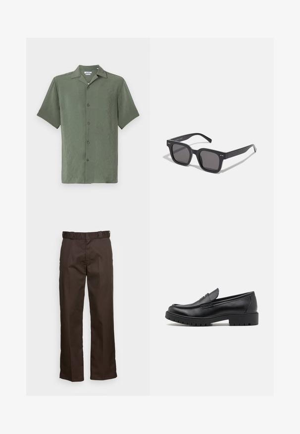Camicia a maniche corte con bottoni in un tessuto di olivo texture, caratterizzata da un colletto classico e cinque bottoni frontali.; Top senza maniche bianco realizzato in cotone a costine. Presenta un collo rotondo e una texture liscia. L'etichetta riporta "PULL&BEAR."; Pantaloni marroni a gamba dritta, con frontale piatto, passanti per cintura e una texture liscia. Design semplice senza motivi o dettagli.; Mocassini in pelle nera con punta arrotondata, design senza lacci e suola in gomma spessa con battistrada testurizzato. Tacco elevato e dettagli di cucitura discreti.; Occhiali da sole neri rettangolari con lenti scure, dotati di una montatura spessa, accenti sottili sui lati e senza loghi visibili oltre al nome del marchio.; Borsa tote in tela beige con due manici, caratterizzata da un grande testo del logo marrone scuro "THE NORTH FACE" e un elemento di design semicircolare.