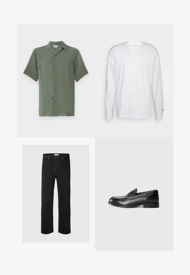 Lühikeste varrukatega nööbiga särgik in tekstuurses oliivrohelises kangas, millel on klassikaline krae ja viis esist nuppu.; Valge pika varrukaga T-särk, mis on valmistatud puuvillast. Ümmargune kaelus, ribaga mansetid ja väike logo vasakul varrukal. Sile tekstuur.; Mustad denim sirged püksid on varustatud klassikalise viie taskuga, nupuga kinnitamisega, minimaalse õmblusega ja pehme tekstuuriga.; Mustad mustad nahast loafers, mis on kaunistatud sileda viimistluse, õmblusdetailide ja veidi kõrgendatud kannaga.