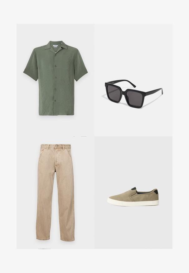 Trumpo rankovėmis marškiniai, pagaminti iš tekstūrinio alyvuogių žalios spalvos audinio, turintys klasikinį apykaklę ir penkis priekinės pusės mygtukus.; Smėlio spalvos džinsai su tiesia kojų siluetu, turintys priekinę kišenę, metalinį mygtuką ir subtilią tekstūrą.; Taupe spalvoti bateliai be raištelių su tekstūruotu audiniu viršuje, kontrastingais juodais kulno akcentais ir balta guma padanga. Perforuotas dizainas, užtikrinantis oro pralaidumą.; Juodų kvadratinių rėmų saulės akiniai su tamsiais tonuotais objektyvais ir lygia, blizgia plastiko medžiaga. Rankovės turi paprastą, pailgą dizainą.; Balta perlų kaklo grandinėlė, su vienodai apvalia forma, lygiu paviršiumi ir metaline sagtimi su ilginimo grandinėle, leidžiančia reguliuoti ilgį.