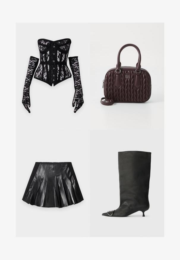 Must mustriba koos rihmata disainiga, millel on nupuvajutus ees ja keha sujuv siluett, koos pikkade pitskindadega.; Mustast plisseeritud seelikust, mille esiküljel on läikiv nahk ja ühtlasest mustast tummaosa, millel on väike metalliline aksent. Disaini täiustavad tekstureeritud nahast detailid.; Must musta põlve kõrgune saapakäik terava nina, väike konts ja metallist aktsentdetail nina peal. Ühtlane, matt tekstuur kogu ulatuses.; Burgundia nahast käsipagas, millel on tikandimuster, kahefooline ülemine käepide ja eemaldatav rihm. Omab hõbedast tooni riistvara ja mulje loov logo.