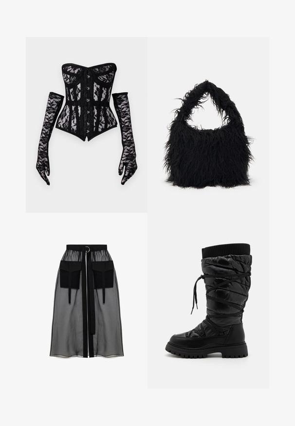 Zwart kanten korset met een strapless ontwerp, voorzien van een knoopsluiting aan de voorkant en een aansluitende silhouette, vergezeld van lange kanten handschoenen.; Zwarte doorschijnende rok met een verzameld tailleband, voorzien van twee grote voorzakken, een tailleband met strik en een ronde metalen accent.; Zwarte kniehoge laarzen met een gequilt textuur, voorzien van een vetersluiting, een contrasterende geribbelde bovenrand en een dikke, robuuste zool.; Even&Odd Shopper - black