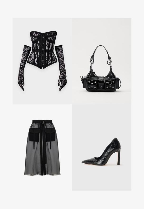 Corsetto in pizzo nero con design senza spalline, caratterizzato da una chiusura con bottoni sul davanti e una silhouette aderente, accompagnato da lunghe guanti in pizzo.; Gonna nera trasparente con una vita arricciata, dotata di due ampie tasche frontali, un laccetto in vita e un ornamento metallico circolare.; Scarpa nera con punta a punta alta in pelle di coccodrillo, caratterizzata da un design elegante, alto tacco a spillo e interno nero liscio.; Borsa a mano in pelle nera con design curvo, caratterizzata da borchie argentate, una fibbia e due tasche laterali. Tracolla regolabile per diverse opzioni di trasporto.