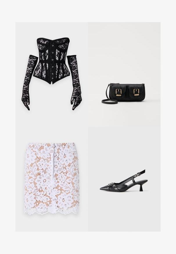Črn čipkast korzet brez naramnic, ki ima gumbno zapiranje spredaj in prilegajoč silhueto, v kombinaciji z dolgimi čipkastimi rokavicami.; Bela čipkasta krila z cvetličnim vzorcem, valovitim robom in diskretnimi okrasnimi elementi. Ima prilega obliko in skriti zadrgo na hrbtni strani.; Črne usnjene sandale središnje zaponke z ostro konico, okrasnimi trakovi z kovinskimi očesi in nizko blokasto peto. Teksturirana površina.; Črna usnjena torbica čez ramo z dvema sprednjima žepoma, zlatimi zaponkami, zadrgo in ozkim pasom. Tekstura površine je strukturirana, obliko pa ima kompaktno pravokotno.