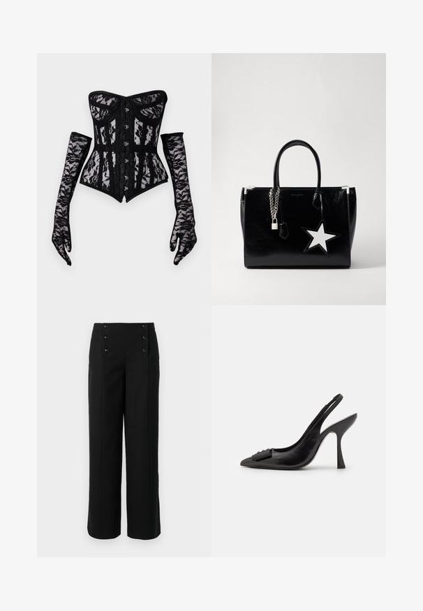 Czarny koronkowy gorset bez ramiączek, z zapięciem na guziki z przodu i dopasowaną sylwetką, w komplecie z długimi koronkowymi rękawiczkami.; Czarne spodnie szerokie wykonane z gładkiego materiału, z wysokim stanem i pięcioma guzikami z przodu do zapięcia. Elegancki, dopasowany krój.; Czółenka na obcasie z czarnej skóry z odkrytym piętą, o ostrym nosku, smukłym wysokim obcasie i dekoracyjną kokardą. Gładka tekstura i elegancki design.; Czarna torebka z lakierowanej skóry o eleganckim kształcie. Posiada srebrne metalowe elementy, zamek i biały akcent w kształcie gwiazdy z boku.