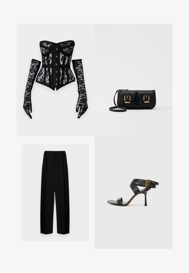 Sort blondelace corsage med et stropløst design, der har en knapfront og en tætsiddende silhuet, ledsaget af lange blondeluffer.; Sorte vide benbukser med høj talje, der har læg og en glat tekstur. Stoffet virker let og falder elegant.; Sort hæl-sandal med krydsede stropper og justerbar spænde. Har en glat overflade og spids stilettohæl.; Sort læder crossbody taske med to frontlommer, guldspænder, lynlåslukning og en slank rem. Struktureret overflade og kompakt rektangulær form.