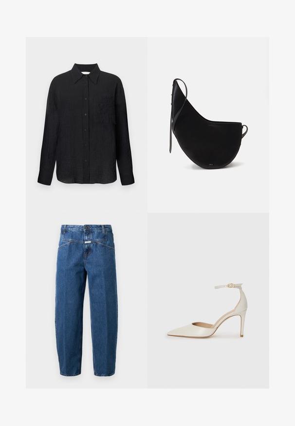 Camisa preta de botão com um padrão texturizado, colarinho pontudo, mangas longas e um bolso no peito. Feita de um tecido leve.; Jeans de ganga em azul escuro, com um corte descontraído, design de cinco bolsos, costuras cosidas e fecho de botão na cintura.; Sapato de salto alto em pele branca com biqueira pontiaguda, faixa no tornozelo e um salto fino de stiletto. Textura suave com um leve acabamento brilhante.; Mala de mão em couro preto com uma forma de lua curva, apresentando uma alça fina e uma discreta marcação dourada na frente. Textura suave com hardware mínimo.