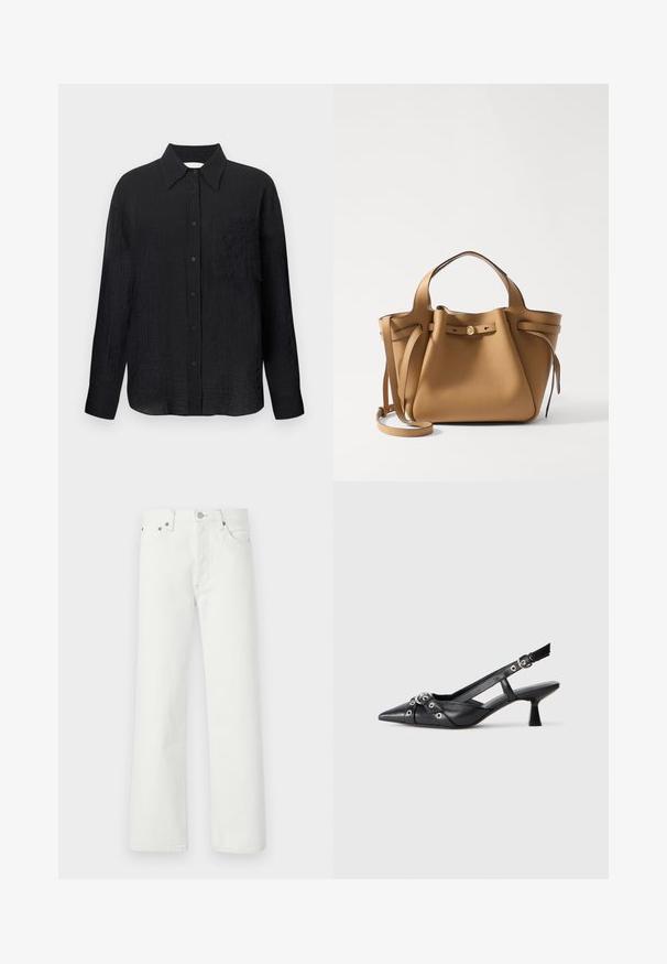 Black button-up shirt with a textured pattern, pointed collar, long sleeves, and a chest pocket. Made from lightweight fabric.; White denim jeans featuring a straight-leg cut, five-pocket design, and metal hardware accents on the waistband and pockets.; Black leather slingback shoe with a pointed toe, decorative straps featuring metal eyelets, and a low block heel. Textured surface.; Tory Burch ROMY PEBBLED SATCHEL - Handbag - tiramisu