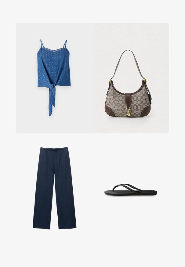 Top din denim albastru cu bretele ajustabile tip spaghetti, material texturat, decolteu în V și detaliu cu nod în față. Prezintă un model discret cu puncte.; Pantaloni largi bleumarin, confecționați dintr-un material moale, având un elastic la talie cu șnur pentru ajustarea potrivirii.; Încălțăminte tip flip-flop neagră cu o talpă din cauciuc texturat, două bretele subțiri și un detaliu discret, embosat cu logo pe bretea.; COACH HAMPTONS HOBO BAG IN SIGNATURE JACQUARD - Geantă de mână - oak maple