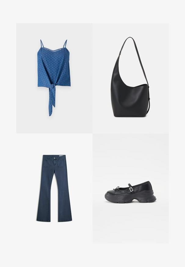 Blauwe denim top met verstelbare spaghettibandjes, textuurstof, een V-halslijn en een gestrikt voorpaneel. Heeft een subtiel gestippeld patroon.; Donkerblauwe flare jeans van denim met gestikte zakken, een knoopsluiting en een soepele textuur. Beschikt over een klassieke vijfzakkenontwerp.; Zwarte leren Mary Jane-schoen met een ronde neus, strikdetails en een verstelbare enkelband. Beschikt over een chunky rubberen zool met gebogen accenten.; Zwarte leren hobo tas met een gladde textuur, kromme vorm en een enkele verstelbare schouderband; heeft een brede opening aan de bovenkant.