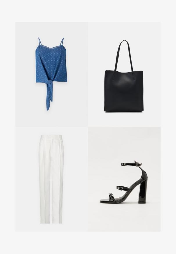Top din denim albastru cu bretele ajustabile tip spaghetti, material texturat, decolteu în V și detaliu cu nod în față. Prezintă un model discret cu puncte.; Pantaloni albi cu dungi înguste, cu un design cu picior drept, confecționați dintr-un material ușor. Prezintă pliseuri în față și un talie tradițională.; Sandale cu toc din patent negru, cu vârf pătrat, curele la gleznă și catarame din argint. Dispune de un toc gros pentru stabilitate.; Geantă tote neagră din piele, cu textură netedă, formă rectangulară și două mânere lungi. Fără hardware vizibil sau ornamente.
