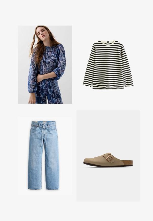 Long-sleeve blue and purple patterned blouse with a gathered neckline and elastic cuffs, featuring a soft, textured fabric.; Long-sleeve cotton t-shirt with black and white horizontal stripes, round neck, and soft texture. No visible hardware or accents.; Light blue denim wide-leg jeans with a high waist, button and zip closure, and a drawstring detail at the waist. Raw hem finish.; Beige clogs with a rounded toe, adjustable buckle accent, and cork footbed. Textured surface with a black rubber sole for grip.