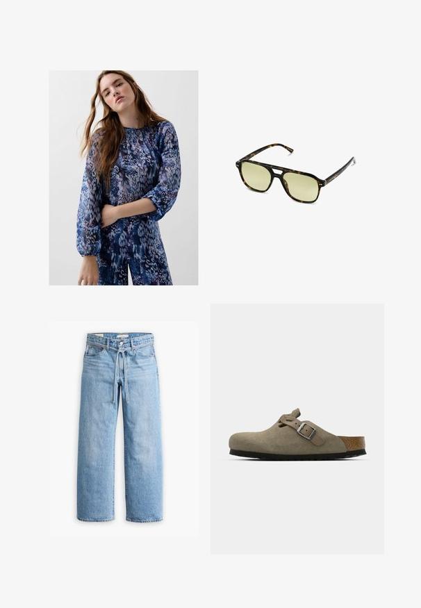 Langärmlige Bluse in Blau und Lila mit Muster, גוטzüglichem Rundhalsausschnitt und elastischen Bündchen, aus einem weichen, strukturierten Stoff.; Hellblaue Jeans im weiten Schnitt mit hoher Taille, Knopf- und Reißverschluss sowie einer Kordelzugdetails an der Taille. Roh geschnittener Saum.; Wildleder-Clogs in hellolivgrün mit einer geformten Kork- und Gummisohle. Verfügt über einen Seitenriemen mit einer metallischen Schnalle und einer abgerundeten Zehenpartie.; Schildkrötensonnenbrille mit rechteckiger Form, grün getönten Gläsern und gemusterten Acetatrahmen. Verfügt über metalliche Akzente in der Nähe der Gläser.; Dunkle Lederhandtasche mit zwei Vorderfächern, einer zentralen Schnalle und goldfarbenen Beschlägen. Glatte Textur mit einer gewölbten Silhouette.