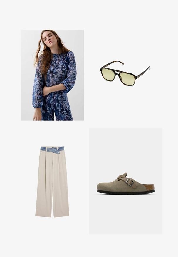 Halenka s dlouhým rukávem modro-fialového vzoru, se shromážděným výstřihem a elastickými manžetami, vyrobená z měkké, strukturované látky.; Světlé béžové kalhoty s širokým střihem a denimo páskem, který má dva knoflíky a skladby na přední části. Hladká textura a uvolněný střih.; Semišové dřeváky ve světle olivové barvě s vytvarovanou korkovou a gumovou podrážkou. Obsahují boční pásek s kovovou sponou a zaoblenou špičku.; Brýle ve stylu želvoviny s obdélníkovým tvarem, zelenými skly a vzorovanými acetátovými rámy. Obsahují kovové akcenty poblíž skel.