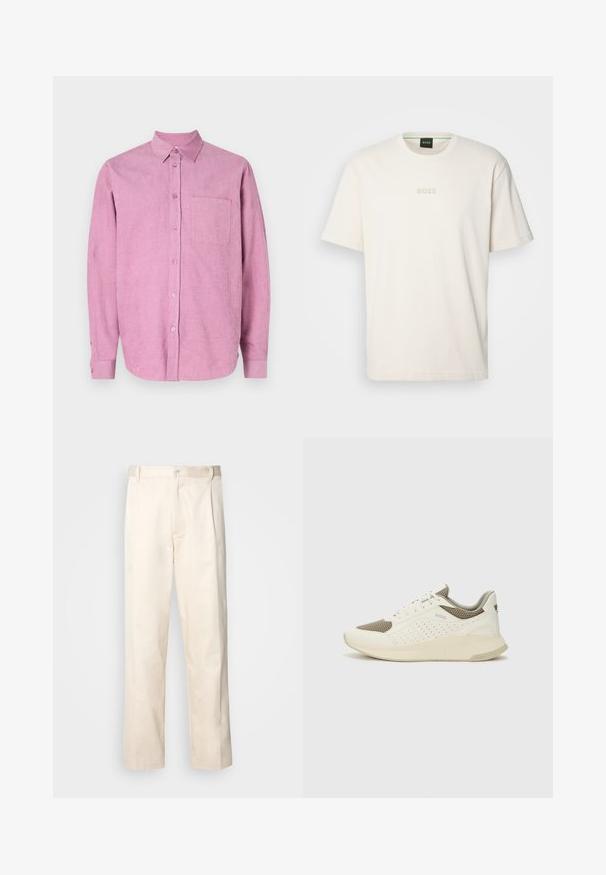 Ροζ χοντρή πουκάμισο με κλειστό γιακά, μακρυμάνικο και μια μόνο τσέπη στο στήθος. Διαθέτει κατακόρυφες ραφές και κλείσιμο με κουμπί μπροστά.; BOSS TEE - Βασικό μπλουζάκι - open white; Μπεζ βαμβακερό παντελόνι με ίσια γραμμή, διαθέτει κουμπί κλεισίματος και πτυχές στο μπροστινό μέρος για επιπλέον λεπτομέρεια.; Λευκό και ανοιχτό μπεζ αθλητικό παπούτσι, με επάνω μέρος από διχτυωτό υλικό, διακοσμήσεις με περφορέ και υφή στην ενδιάμεση σόλα με επωνυμία στη φτέρνα.