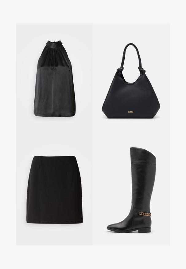 Sort satin halterneck top med samlet stof ved halsudskæringen og et glat, flydende design. Lige kant uden synlige mønstre eller accenter.; Sort nederdel med en tætsiddende silhuet, lavet af et glat stof. Har subtile frontfolder og et design der når til midten af låret.; Høje sorte læderstøvler med et slankt design, spids tå og en guld kædeaccent ved anklen. Lav blokhæl. Glat overflade.; Sort læder tote taske med en struktureret overflade, knyttede håndtagsdetaljer og guldlogo ved bunden. Har en afslappet silhuet.