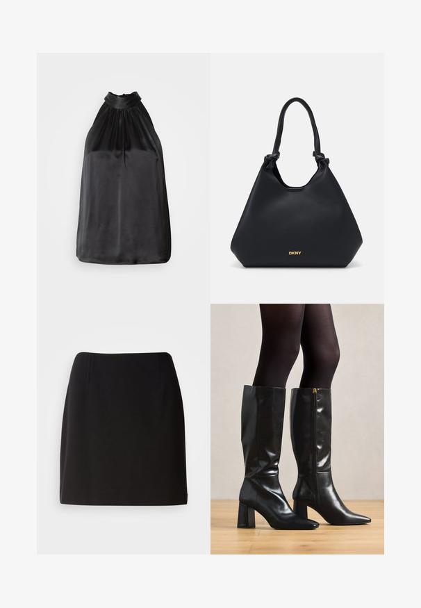 Top nero in satin con scollo all'americana e tessuto arricciato sul colletto, dal design morbido e fluido. Orlo dritto senza motivi o dettagli visibili.; Gonna nera con una silhouette aderente, realizzata in un tessuto liscio. Presenta leggere pince frontali e un design di lunghezza a metà coscia.; Stivali in pelle nera alti fino al ginocchio con finitura lucida, punta affusolata e tacco largo. Dettaglio con zip laterale per una facile calzata.; Borsa a tote in pelle nera con una finitura strutturata, dettagli con manici annodati e logo dorato alla base. Presenta una silhouette morbida.